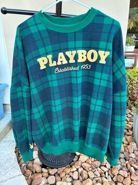 PLAYBOY by PACSUN Green Plaid Crewneck Sweatshirt - PLAYBOY Size S